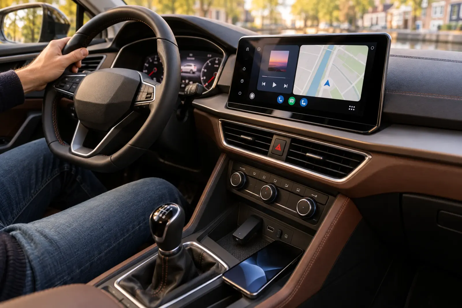 Android Auto op het brede dashboardscherm van een SEAT Leon in Amsterdam, met de telefoon in de middenconsole