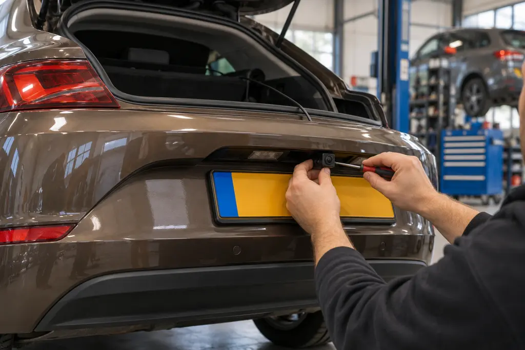 Achteruitrijcamera wordt boven de kentekenplaat van een bruine SEAT Leon gemonteerd voor een klant uit Amsterdam