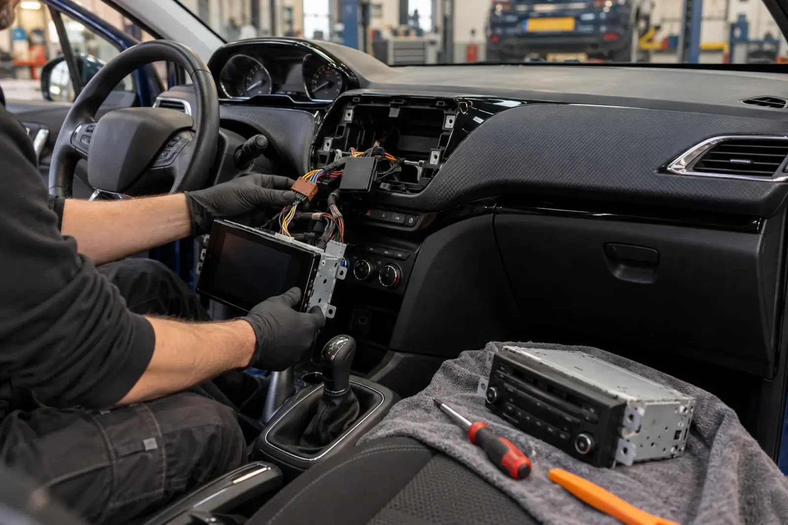 Android Auto radio inbouwen in Amsterdam: de oude radio ligt op de middenconsole terwijl de monteur de nieuwe aansluit