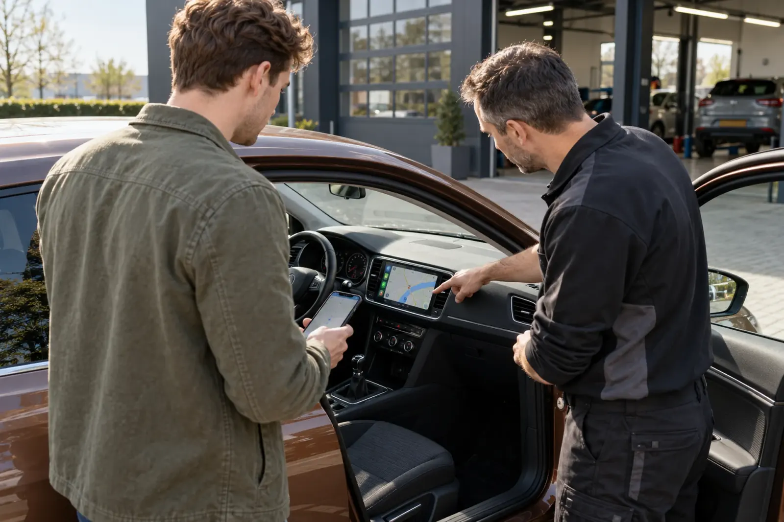 Monteur legt een klant uit Amsterdam het nieuwe CarPlay-scherm uit in een bruine SEAT Leon bij de werkplaats