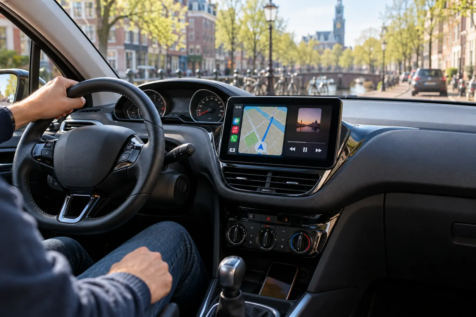 CarPlay bestellen in Amsterdam: CarPlay-navigatie op het dashboardscherm van een Peugeot 208 langs een gracht