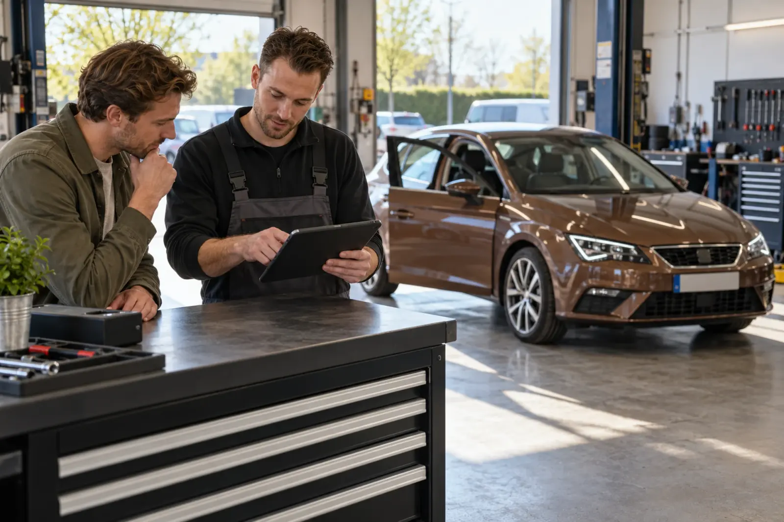 Monteur bespreekt de CarPlay-offerte op een tablet met een klant uit Amsterdam in de werkplaats, met een bruine SEAT Leon op de achtergrond