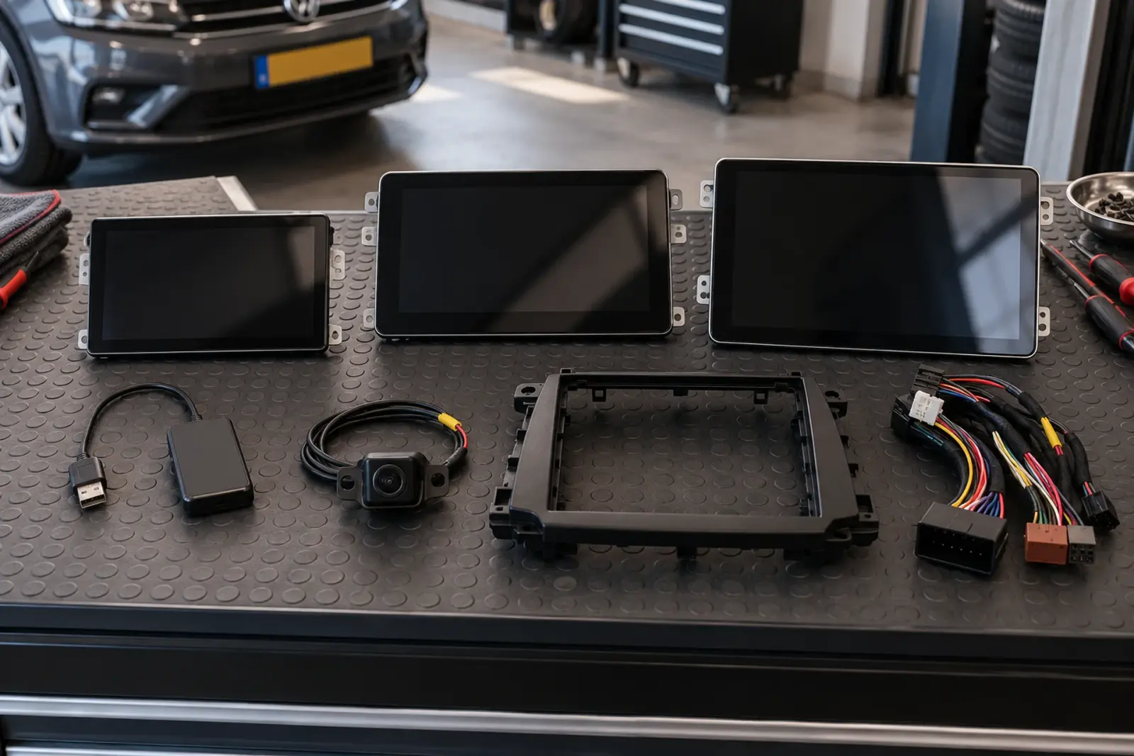 CarPlay prijzen in Amsterdam: drie schermen, inbouwframe, adapter, camera en kabelboom op de werkbank van de inbouwpartner