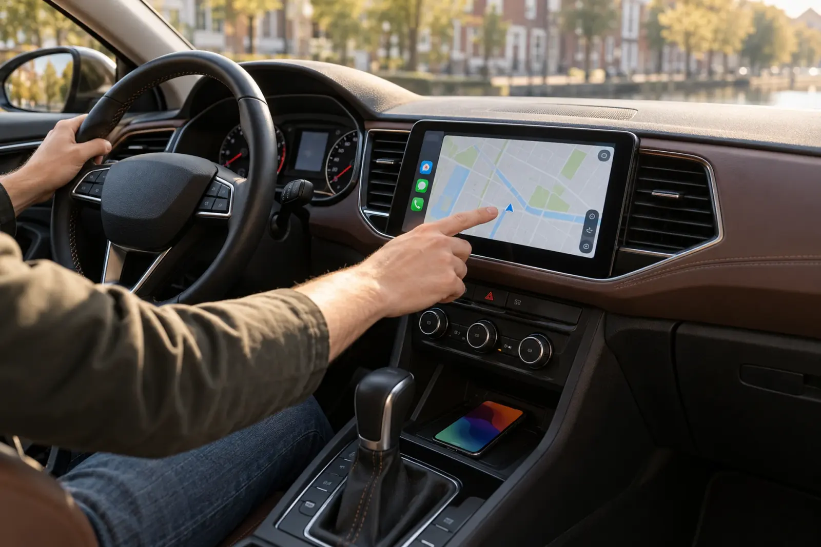 Bestuurder in Amsterdam bedient de navigatie op het ingebouwde CarPlay-scherm van een SEAT Leon