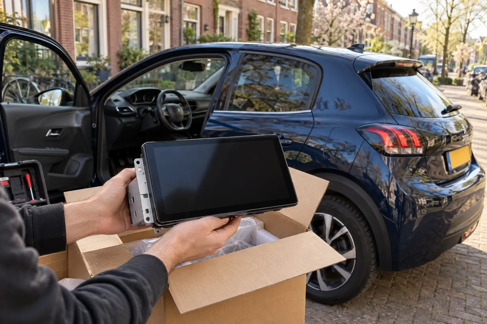 CarPlay scherm bestellen in Amsterdam: nieuw touchscreen wordt uitgepakt naast een donkerblauwe Peugeot 208