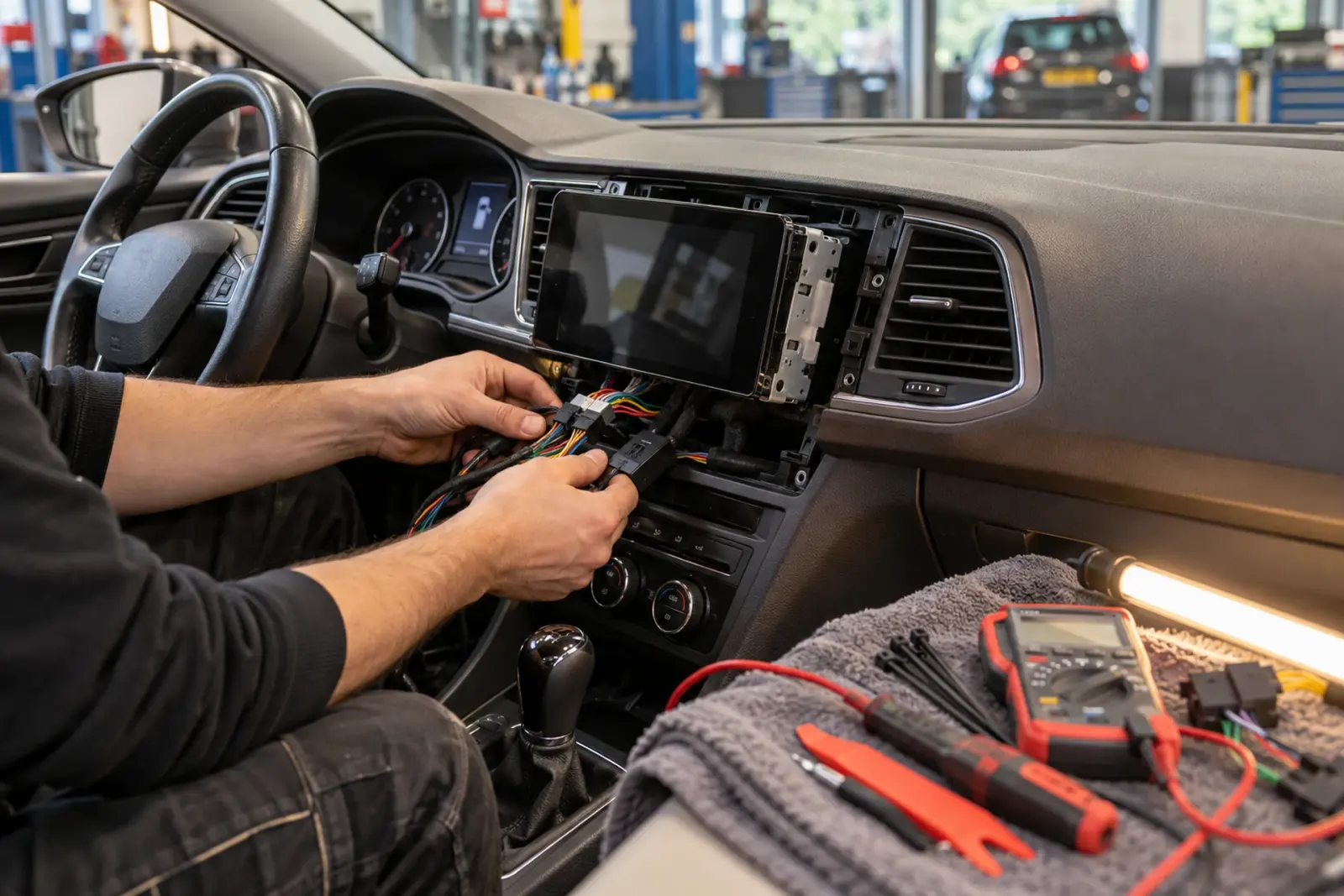 Monteur in regio Amsterdam sluit de bekabeling en de interface aan achter een nieuw CarPlay-scherm, met multimeter op de middenconsole