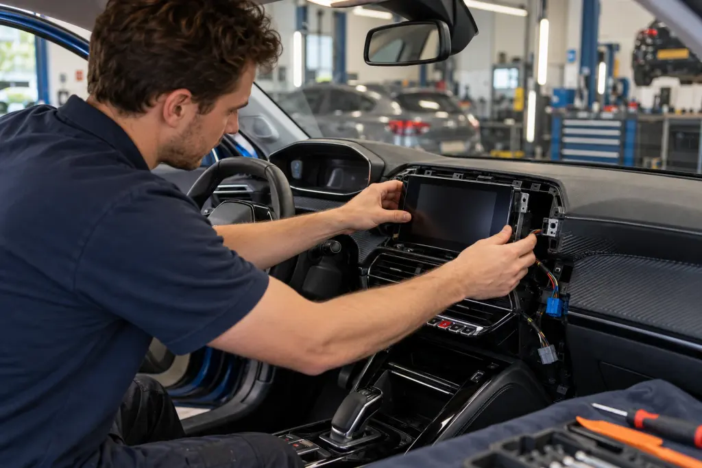 Monteur plaatst een CarPlay-scherm in het dashboard van een SEAT Leon in de werkplaats van de inbouwpartner in regio Amsterdam