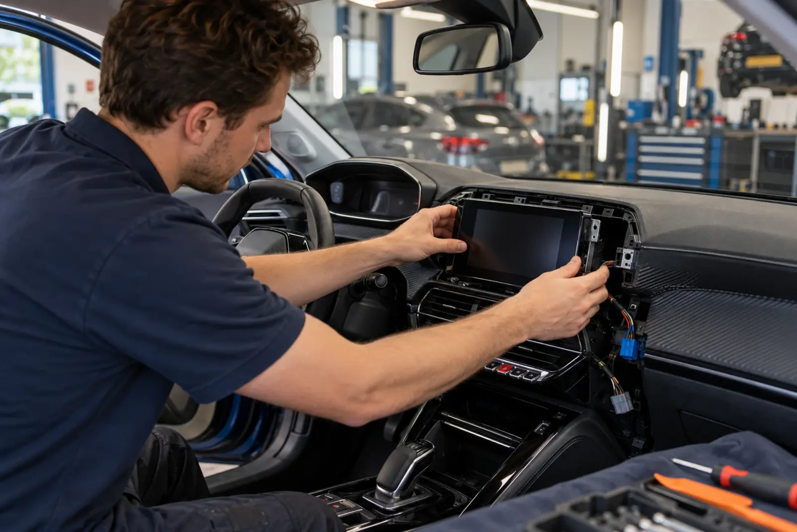 CarPlay scherm inbouwen in Amsterdam: monteur plaatst het touchscreen in het dashboard van een SEAT Leon